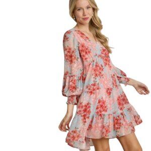 Umgee Womens A Line Mini Dress Blue Combo Floral Metallic Ruffle Tiered M New